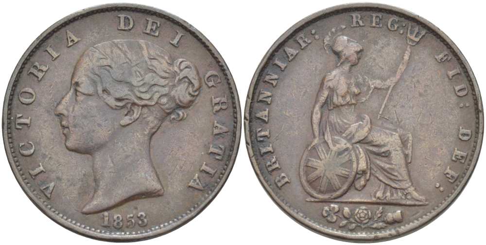 Великобритания 1/2 пенни 1853 Виктория (1837-1901) KM 726, Spink 3949 медь  1518-1343