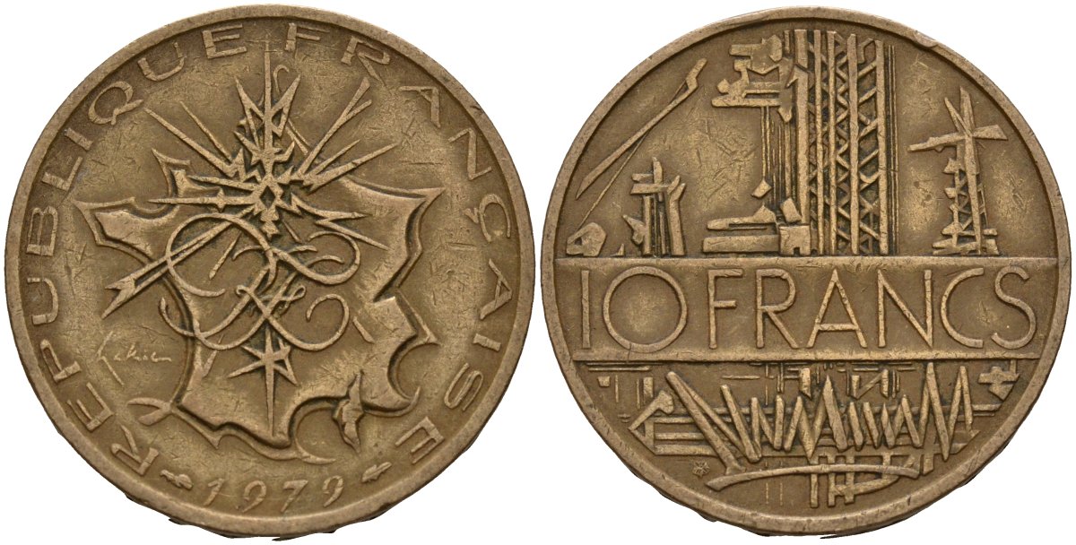 Франция 10 франков 1979 тип Матье KM 940, Le Franc 365.13-14 никель латунь 4159-716