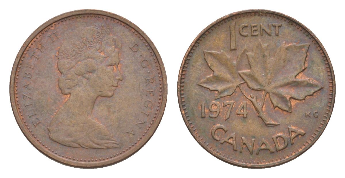 Канада 1 цент 1974 Елизавета II (1952-2022), кленовый лист KM 59 бронза 4630-553