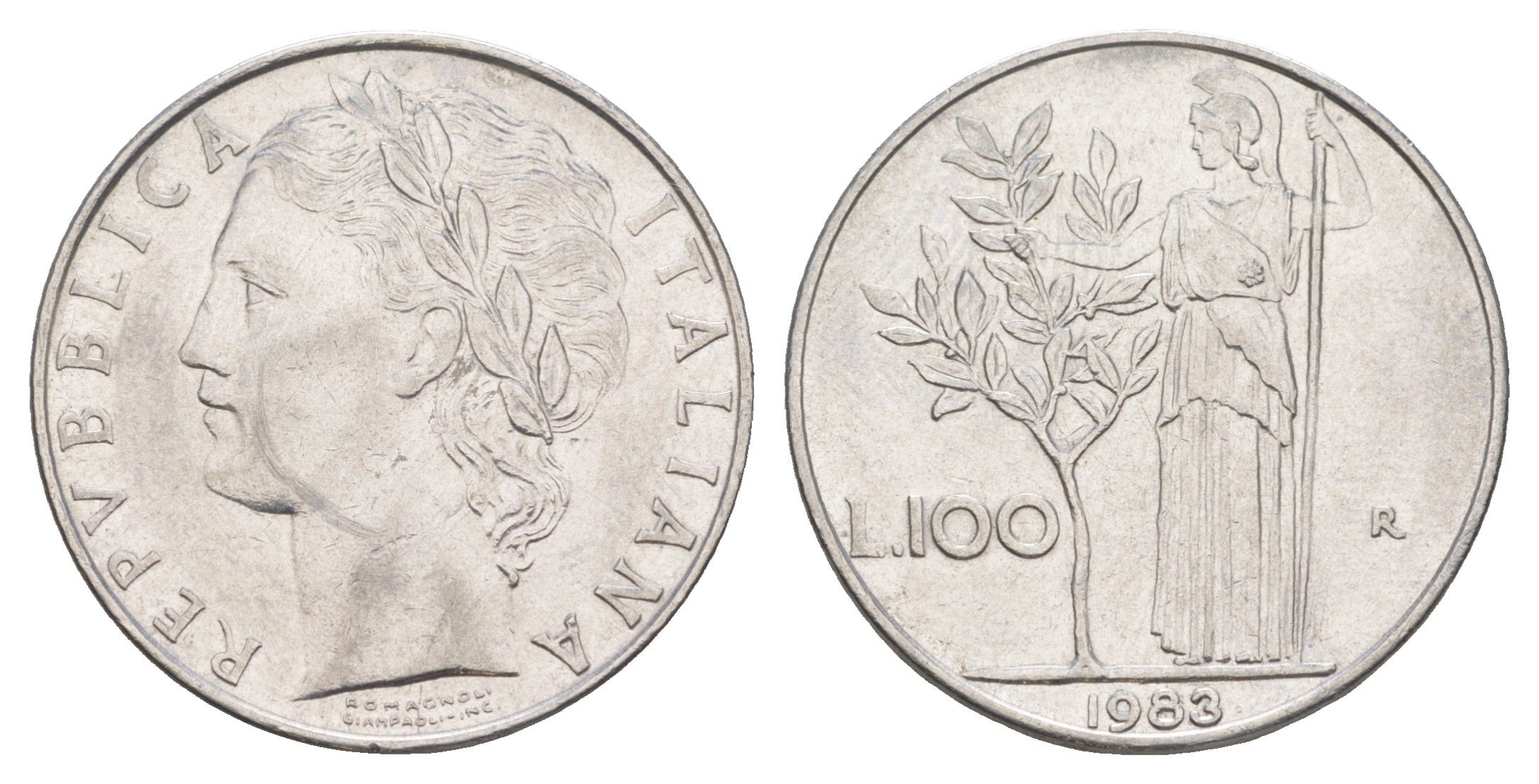 Италия 100 лир 1983 R, Афина в доспехах KM 96.1 нержавеющая сталь 4556-311