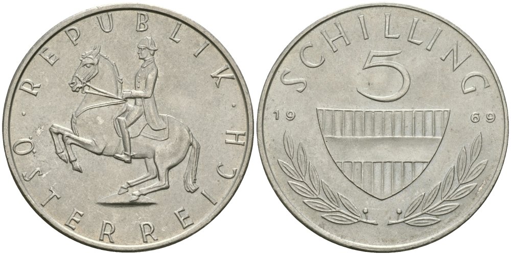 Австрия 5 шиллингов 1969 KM 2889a медно-никель UNC 4579-341