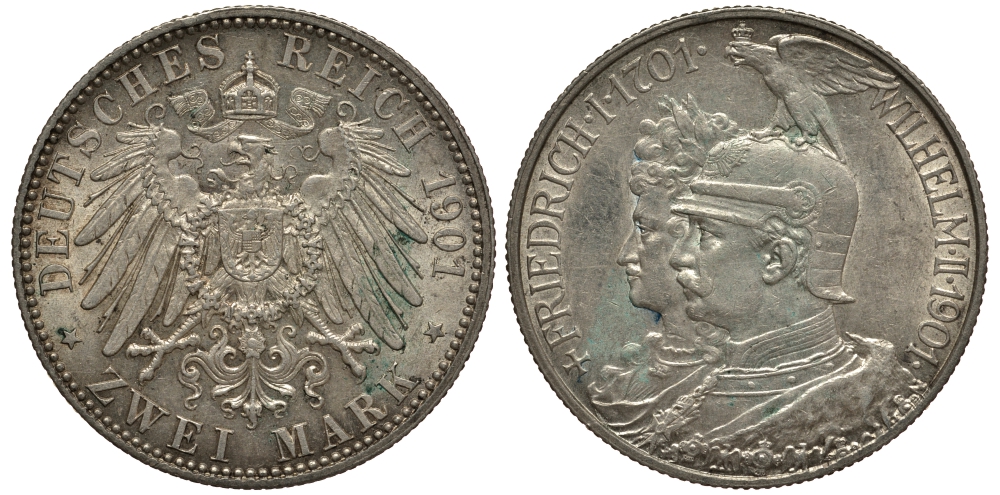 Пруссия 2 марки 1901 A, 200 лет Прусской королевской династии (Фридрих I - Вильгельм II) J.105, Weege 105, KM 525 серебро 3711-1045