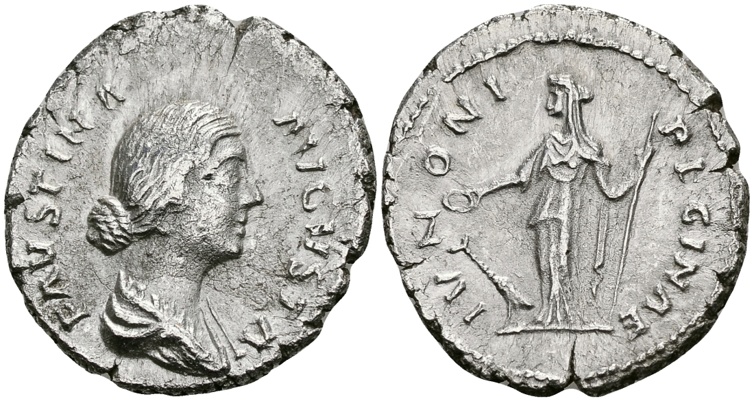 Римская Империя денарий 161 - 170 Фаустина Младшая, жена Марка Аврелия IVNONI REGINAE Юнона Рим Good Very fine RIC 696 серебро 1073-4-54