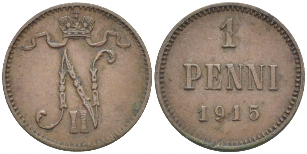 РОССИЯ ДЛЯ ФИНЛЯНДИИ 1 ПЕННИ 1915 НИКОЛАЙ II KM 13, Биткин 475 медь 261-1133