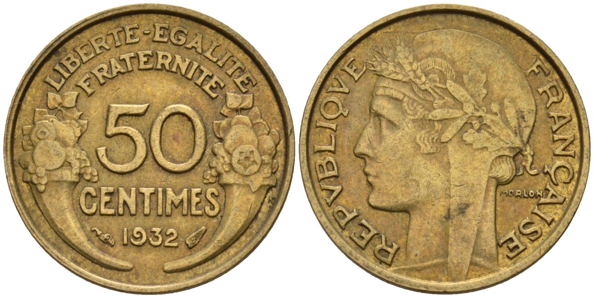 Франция 50 сантимов 1932 KM 894.1, Le Franc 192.15 алюминиевая бронза 4596-752