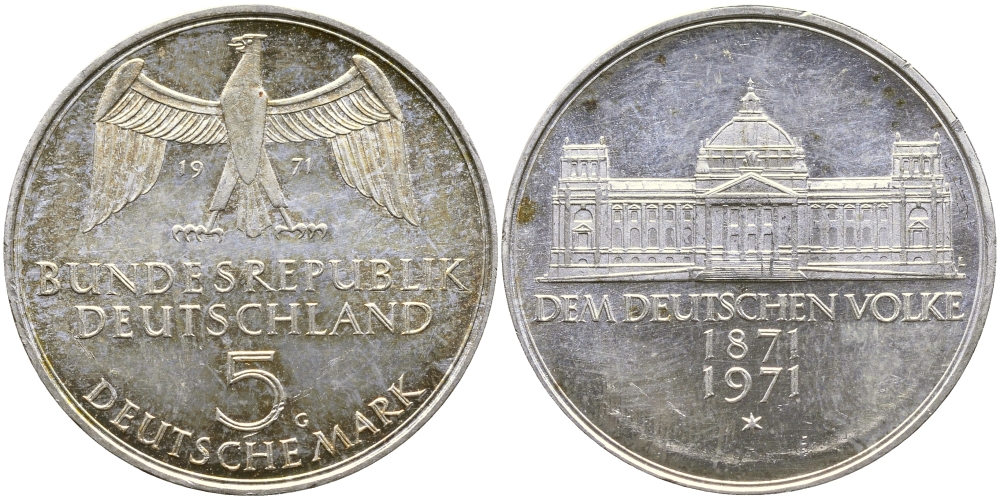ФРГ 5 марок 1971 G, 100 лет основания Германской Империи KM 128.1, J. 409 серебро 58-925