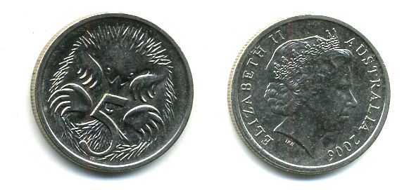 АВСТРАЛИЯ 5 ЦЕНТОВ 2006 ЕЛИЗАВЕТА II, ТРЕТИЙ ПОРТРЕТ, ЕХИДНА KM 401 медно-никель 46-2242