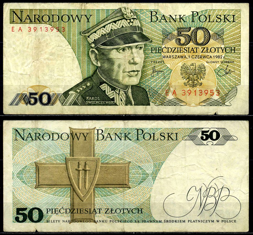 Польша 50 злотых 1982 Кароль Сверчевский, знак Грюнвальдского ордена Pick 142 b бумага 6287-32-3-2