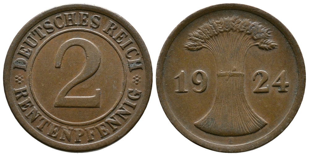 ГЕРМАНИЯ 2 РЕНТЕНПФЕННИГА 1924 E KM 31, J.307 бронза 86-1654