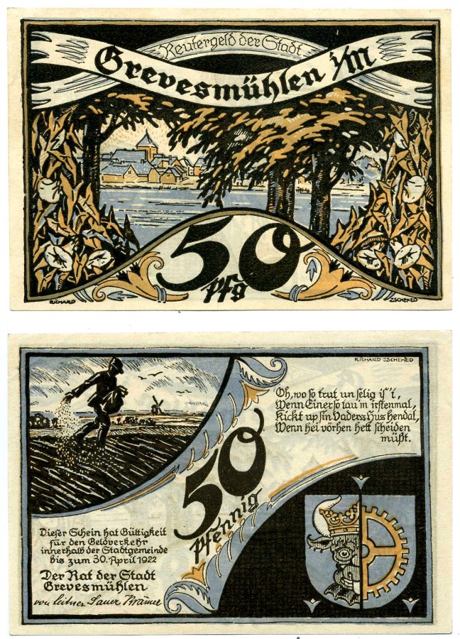 Гревесмюлен 50 пфеннигов 1922 до 30 Апреля 1922, нотгельд, земля Мекленбург-Передняя Померания Grabowski 473.2 бумага 2193-19-3-1