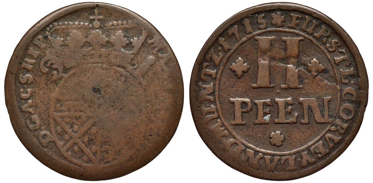 КОРВЕЙ 2 ПФЕННИГА 1715 KM 127 медь 75-558