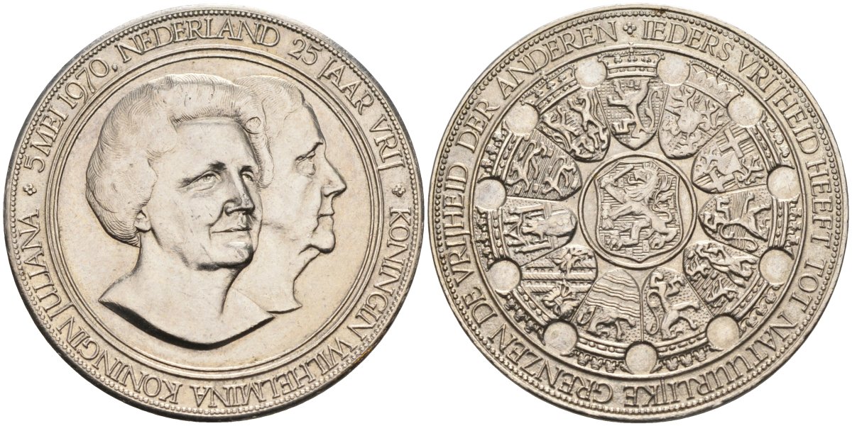 Нидерланды медаль 1970 25 лет освобождения (5 мая 1970), Юлиана И Вильгельмина, диаметр 30 мм. никелированная сталь 88-1026