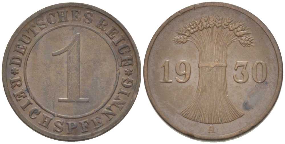 ГЕРМАНИЯ 1 РЕЙХСПФЕННИГ 1930 A KM 37, J. 313, Weege 2 бронза 206-832