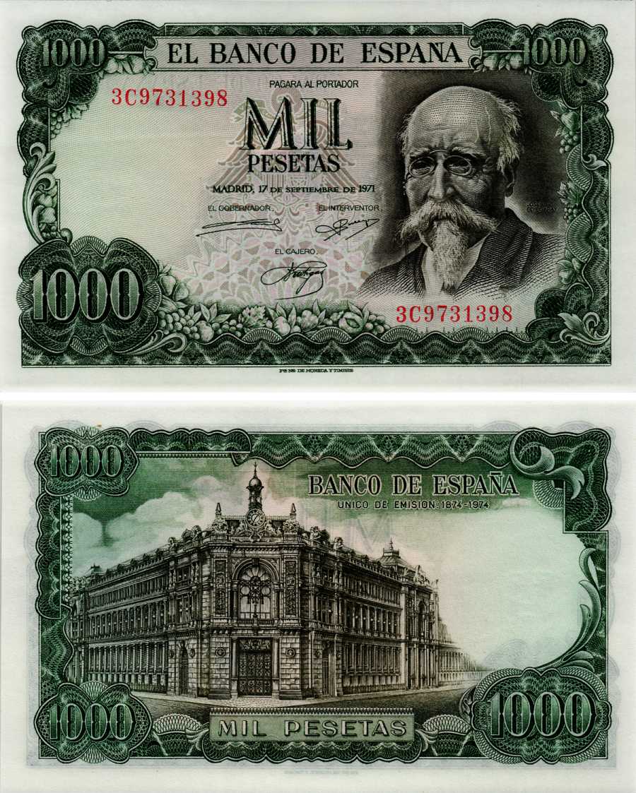 Испания 1000 песет 1971 (1974) Хосе Эчегерай-и-Эйсагирре, 100 лет со дня того, как Banco de España стал единственным банком-эмитентом (1874–1974) Pick 154 бумага UNC (пресс) 451-319-1
