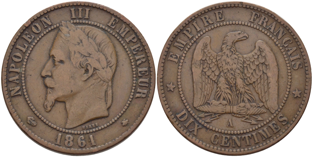 ФРАНЦИЯ 10 САНТИМОВ 1861 А, НАПОЛЕОН III (1852-1870) KM 798.1, LA FRANC 134.2 бронза 97-1233