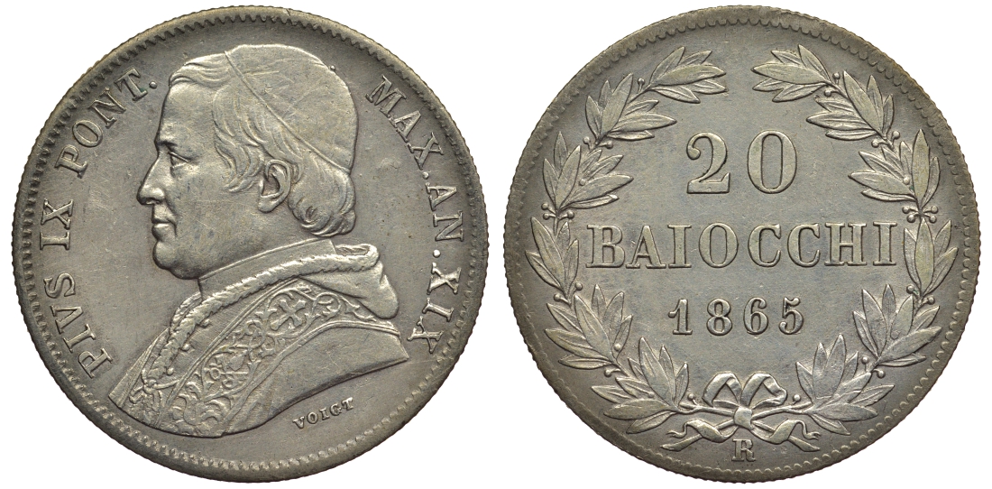 Ватикан 20 байоччи 1865 R, год XIX, папа Пий IX (1846-1878) KM 1360 (С173а) серебро 1521-214