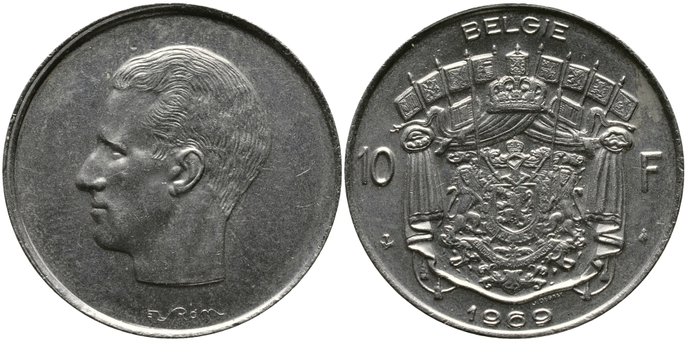 БЕЛЬГИЯ 10 ФРАНКОВ 1969 BELGIE, БОДУЭН I (1951-1993) KM 156.1 никель 3333-1035