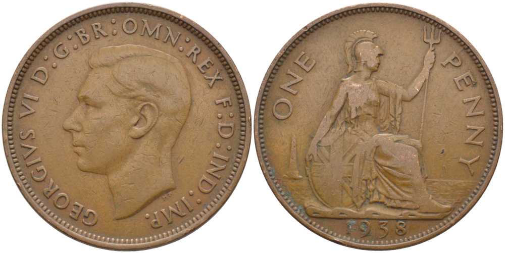 Великобритания 1 пенни 1938 Георг VI (1936-1952) КМ 845, Spink 4114 бронза 115-345