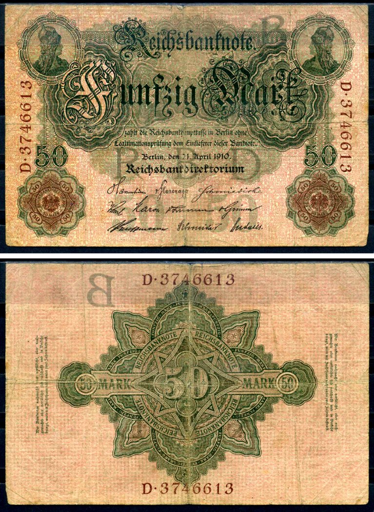 Германия 50 марок 1910 Pick 41 бумага 7191-47-2-2