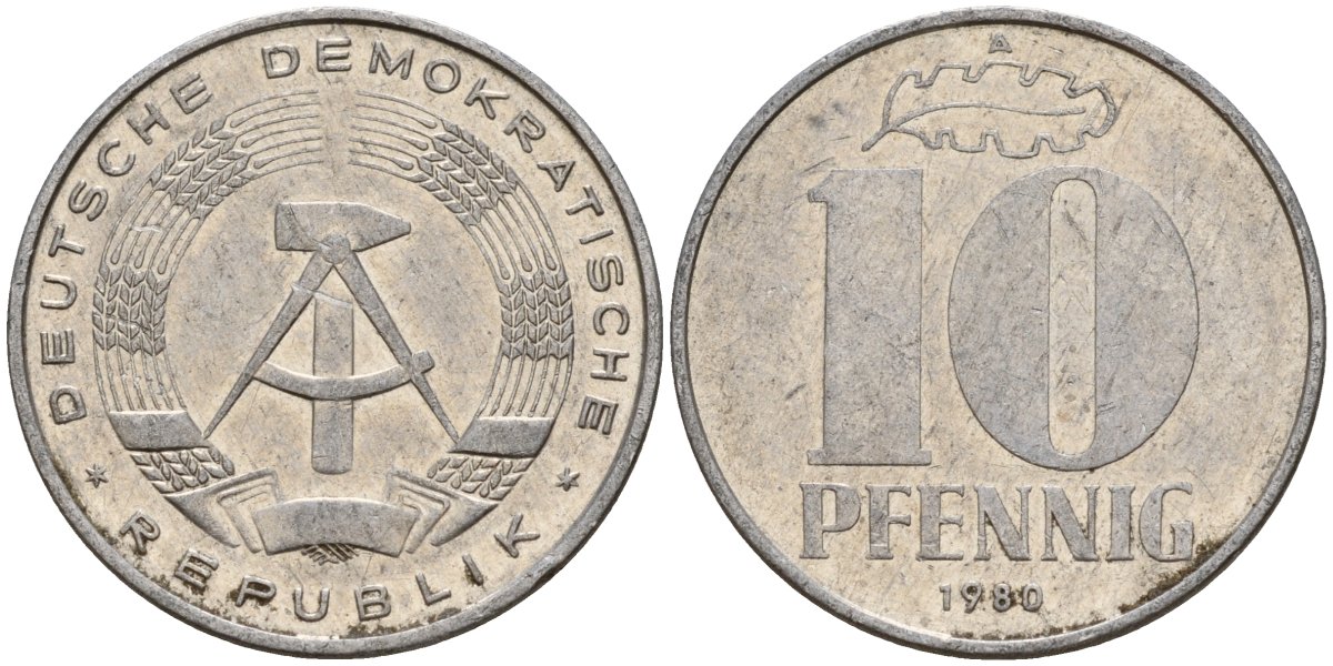 ГДР 10 пфеннигов 1980 A KM 10 алюминий 68-825