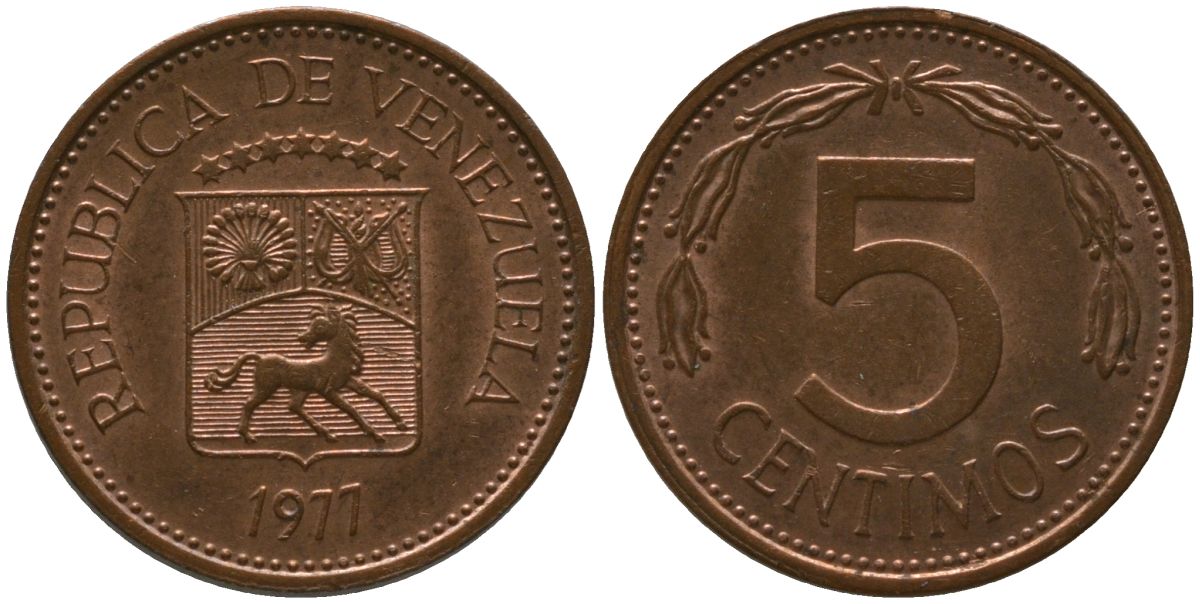 Венесуэла 5 сентимо 1977 KM 49 сталь плакированная бронзой 4576-657