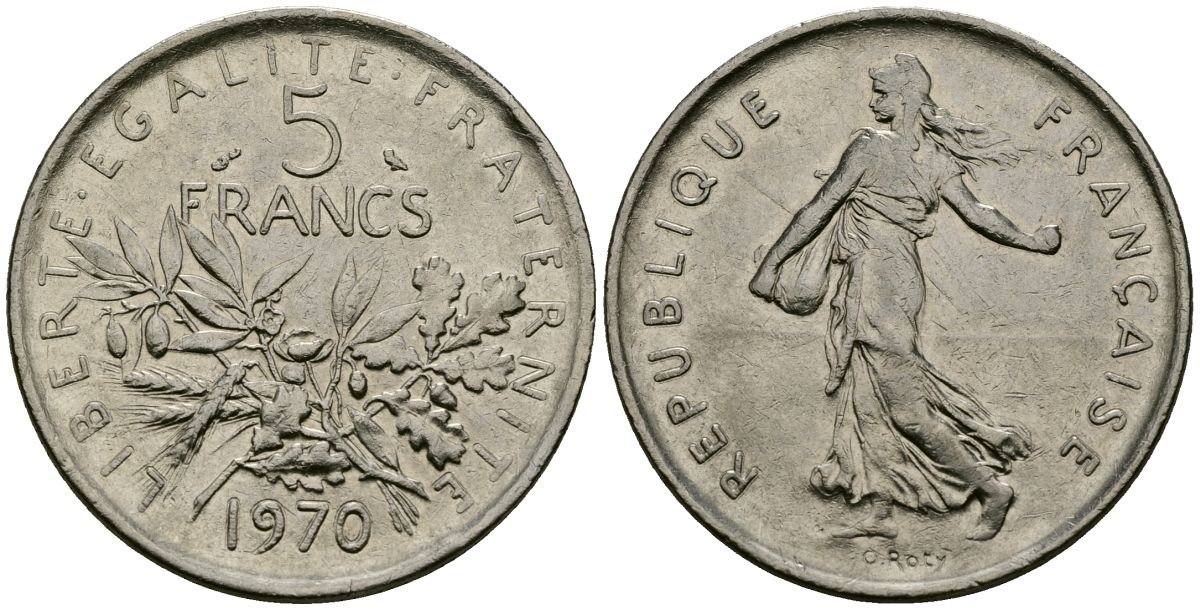 Франция 5 франков 1970 сеятель KM 926a.1, Le Franc 341.10 медно-никель плакированный никелем 4137-244