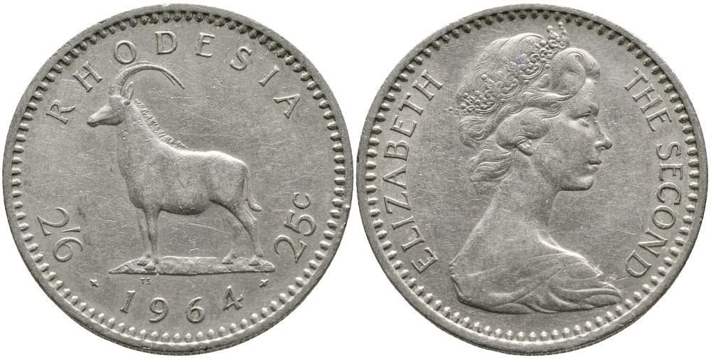Британская Родезия 2 шиллинга 6 пенсов (25 центов) 1964 Елизавета II (1953-), черная антилопа KM 4 медно-никель 4527-1124