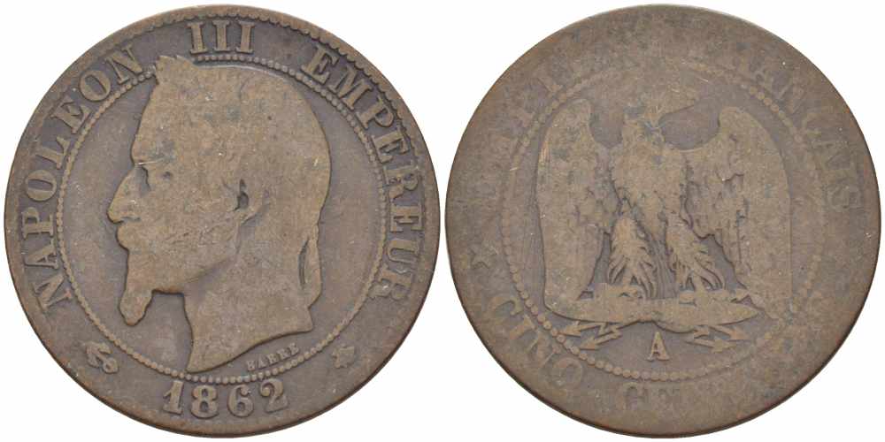 ФРАНЦИЯ 5 САНТИМОВ 1862 A, НАПОЛЕОН III (1852-1870) KM 797.1, LE FRANC 117.5 бронза 108-516