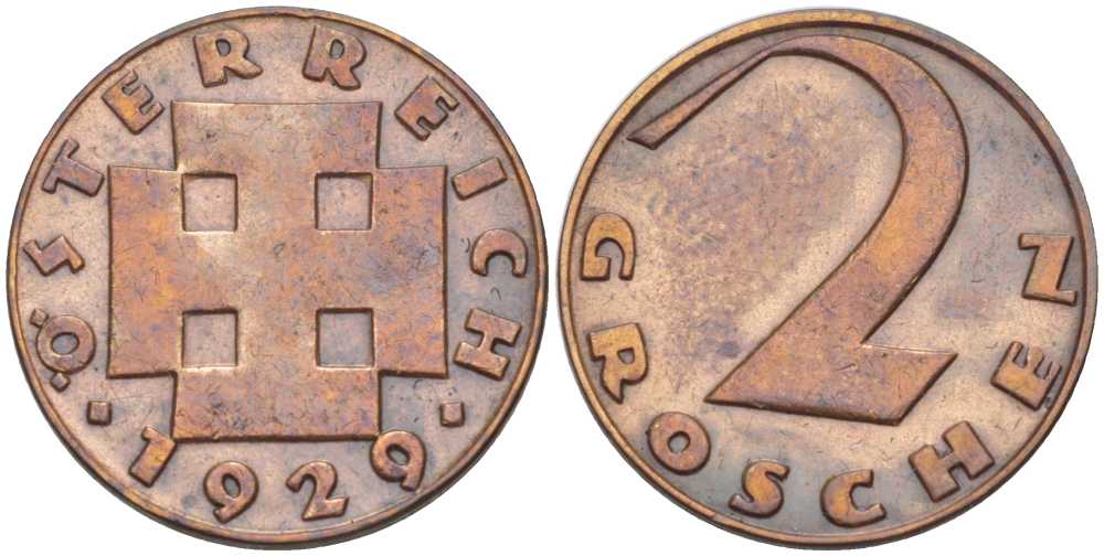 АВСТРИЯ 2 ГРОША 1929 ДОВОЕННАЯ ДЕСЯТИЧНАЯ ЧЕКАНКА KM 2837 бронза 201-214