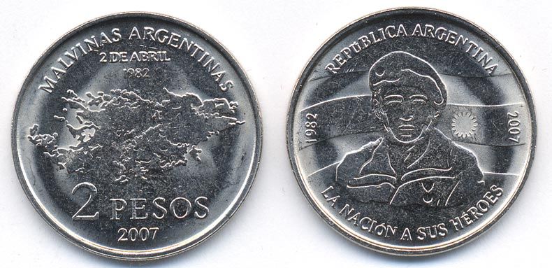 Аргентина 2 песо 2007 25 лет оккупации Фолклендских островов KM 144 медно-никель UNC M3-21
