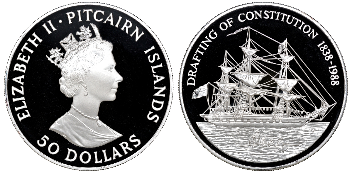 Остров Питкерн 50 долларов 1988 150 лет Конституции (1838-1988), парусник и лодка, вес 155,6 г., тираж 10000 экз. KM 1 серебро PROOF 2-5-2-5