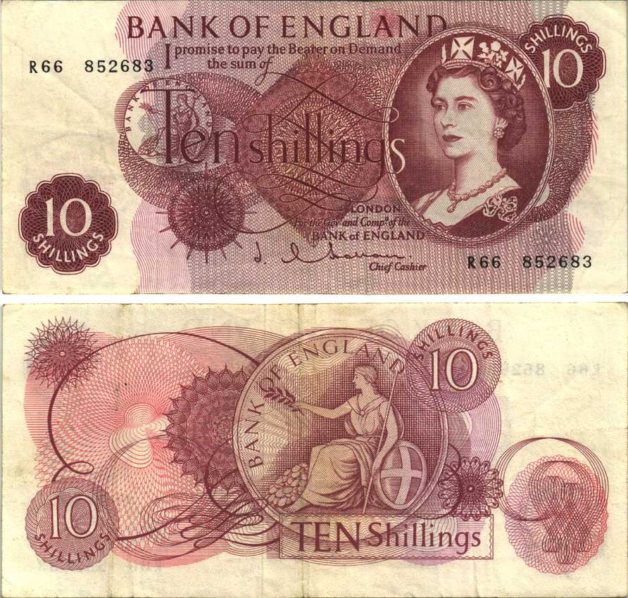 АНГЛИЯ 10 ШИЛЛИНГОВ 1962-1966 КОРИЧНЕВАЯ, ПОДПИСЬ J.Q. HOLLOM Pick 373b бумага VF-XF 7204-55-2