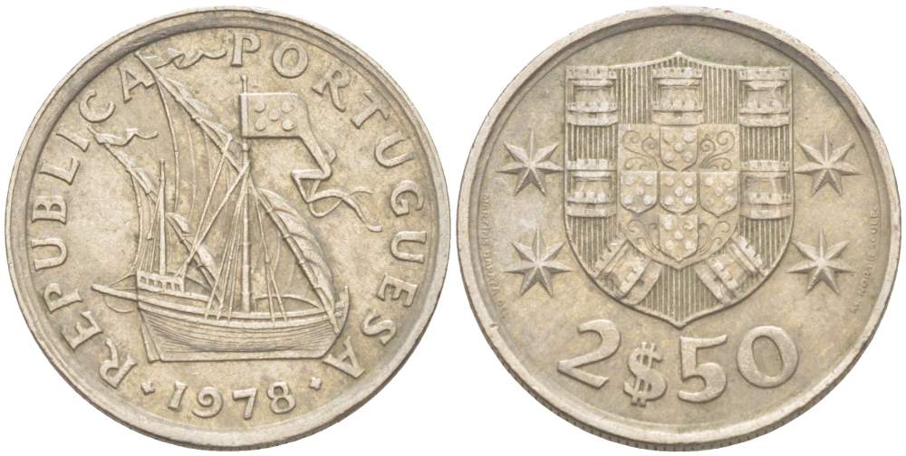ПОРТУГАЛИЯ 2,5 ЭСКУДО 1978 ПАРУСНИК KM 590 медно-никель 4523-1057