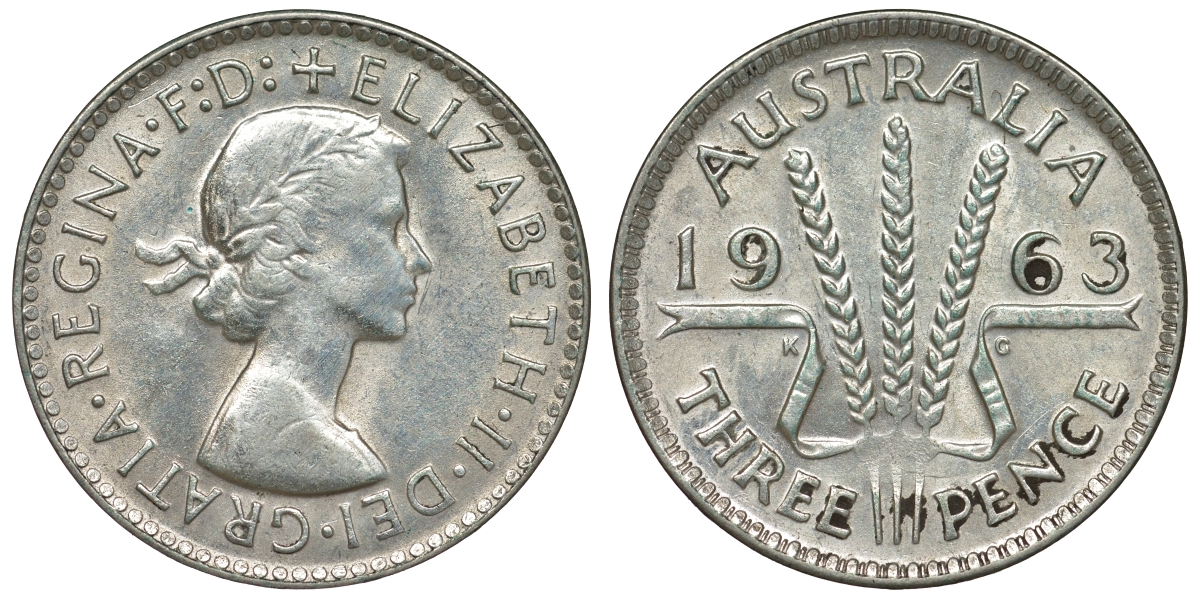 Австралия 3 пенса 1963 m, Елизавета II (1952-2022) KM 57 серебро 71-949