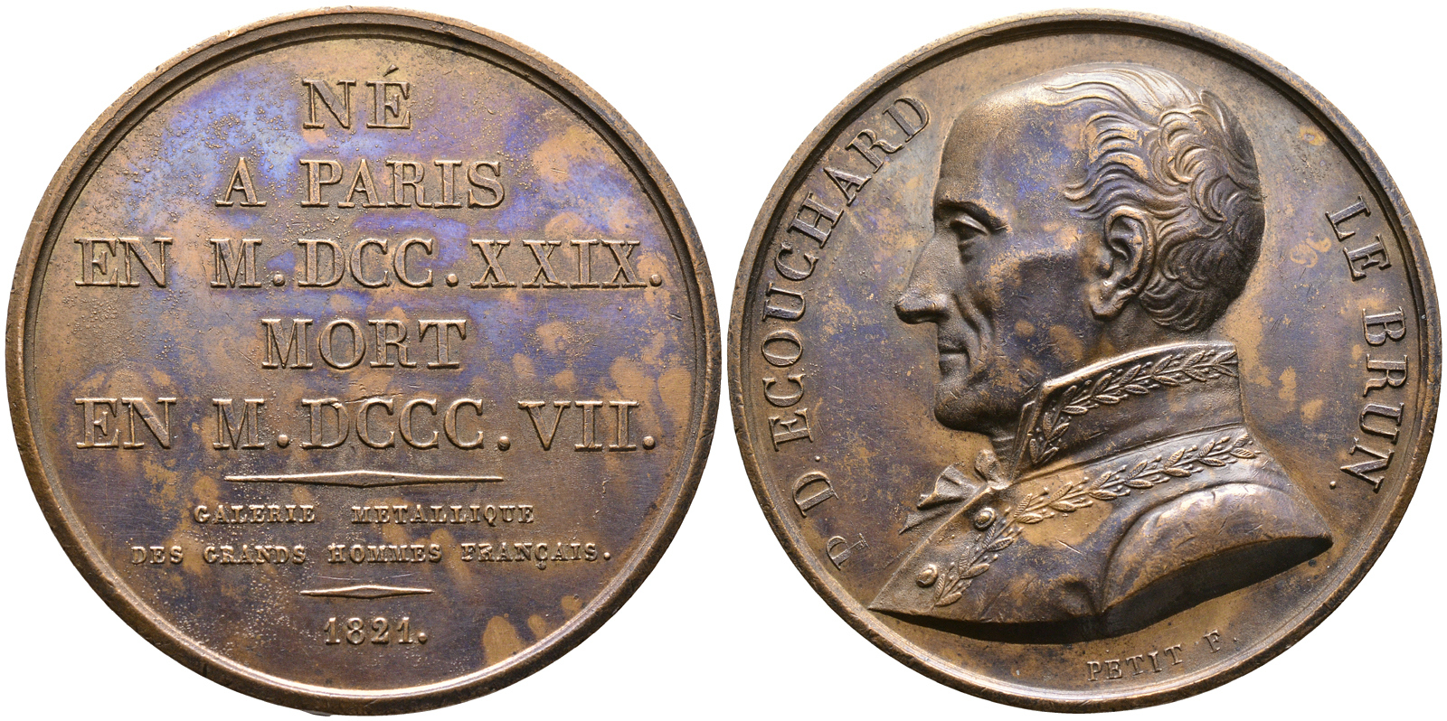 ФРАНЦИЯ МЕДАЛЬ 1821 ПОЭТ ПОНС ДЕНИ ЭКУШАР-ЛЕБРЕН, РОДИЛСЯ В 1729 УМЕР В 1807, ИЗ СЕРИИ МЕДАЛЕЙ УВЕКОВЕЧИВАЮЩИХ ВЕЛИКИХ ЛЮДЕЙ ФРАНЦИИ, диаметр 41,5 мм., вес 30,74 гр. бронза 01-107-15