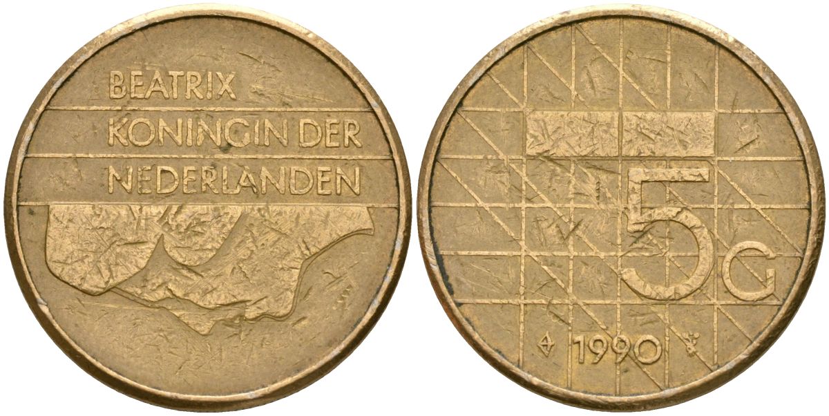 Нидерланды 5 гульденов 1990 Беатрикс (1980-2013) KM 210 Никель с бронзовым покрытием 4165-342