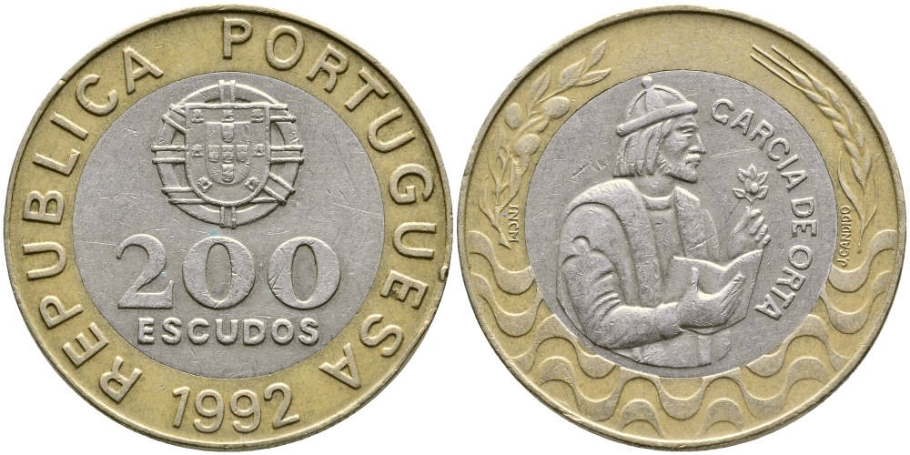 Португалия 200 эскудо 1992 Гарсия Де Орта (1501-1568) KM 655 биметалл 1515-1522
