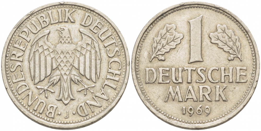 ФРГ 1 МАРКА 1969 J KM 110, J. 385 медно-никель 3718-1133