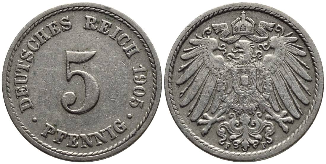 ГЕРМАНИЯ 5 ПФЕННИГОВ 1905 F KM 11, Jager 12, Weege 6 медно-никель 4547-446
