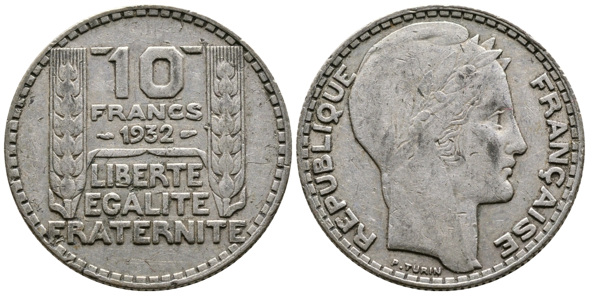 Франция 10 франков 1932 Пьер Тюрен KM 878, Le Franc 360.5 серебро 4683-1044