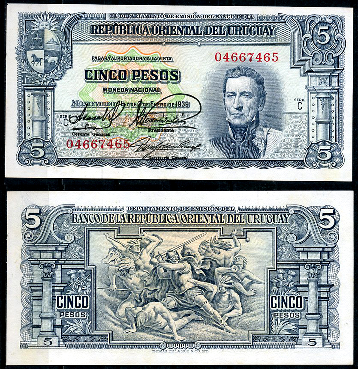 Уругвай 5 песо 1939 Хосе Хервасио Артигас, конкистадор, сражающийся с индейцами, серия С Pick 36 b (1)  бумага 444-129-1-2