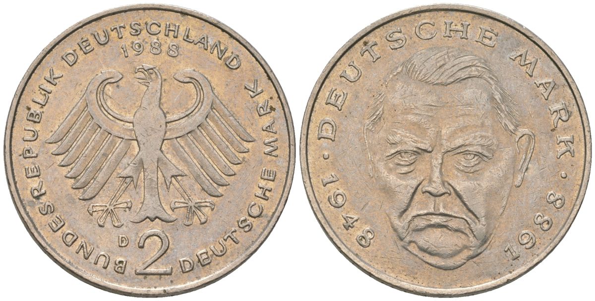 ФРГ 2 марки 1988 D, Людвиг Эрхард, 40 лет Федеративной Республике KM 170 медно-никель 4572-1114
