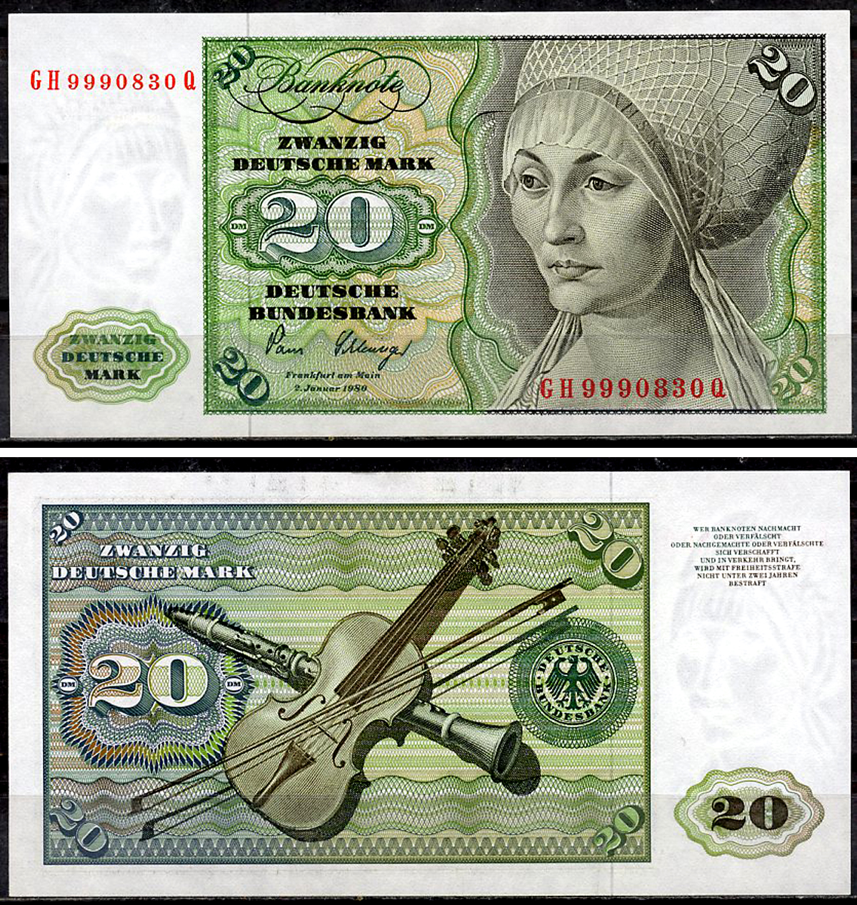 ФРГ 20 марок 1980 Эльсбет Тухер (Альбрехт Дюрер), скрипка, кларнет, без Deutsche Bundesbank Pick 32 c  бумага  aUNC 451-920-1