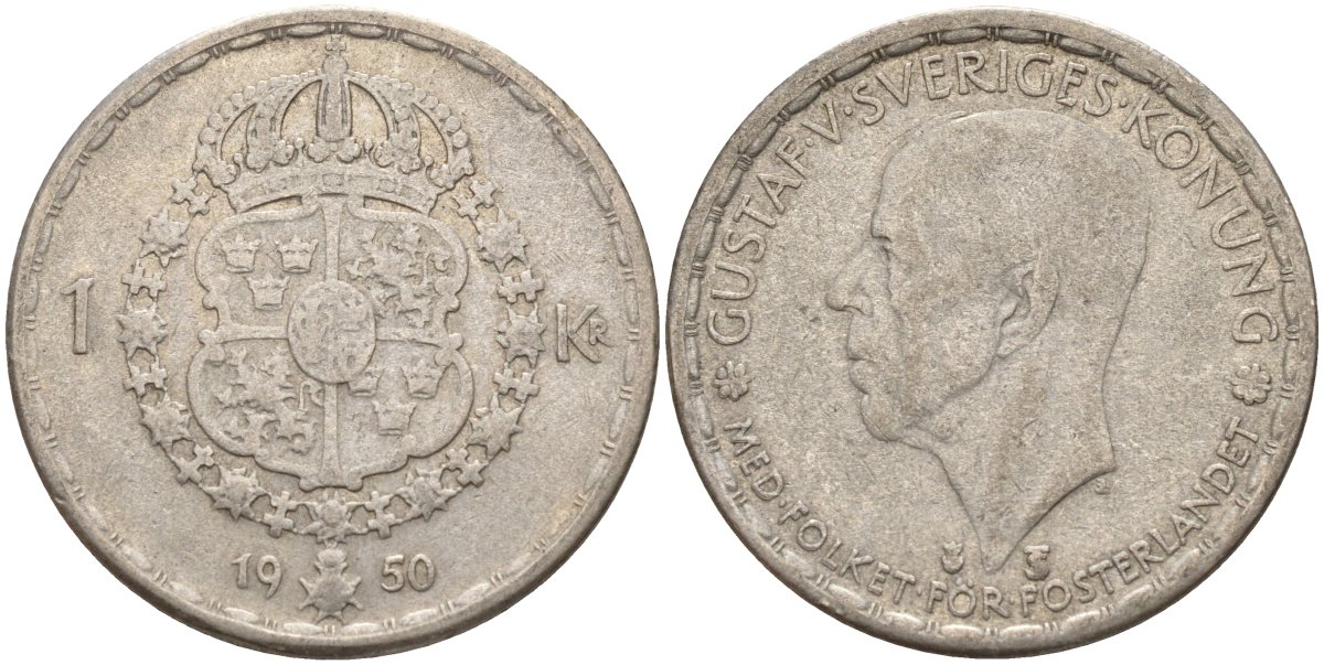 Швеция 1 крона 1950 TS, Густав VI Адольф (1950-1973) KM 814 серебро 4148-1124