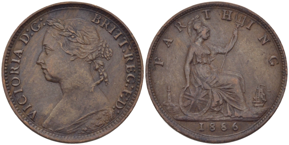 Великобритания 1 фартинг 1886 Виктория (1837-1901) KM 753, Spink 3958 бронза 100-241