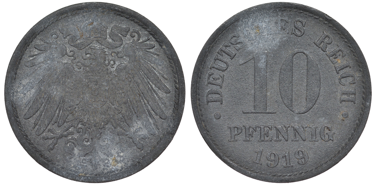 ГЕРМАНИЯ 10 ПФЕННИГОВ 1919 KM 26, J. 299 цинк 45-1252