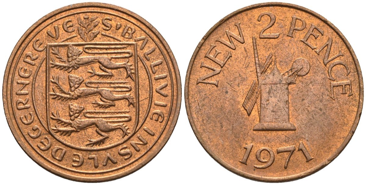 Гернси 2 пенса 1971 Ветряная мельница KM 22 бронза  aUNC  4610-442