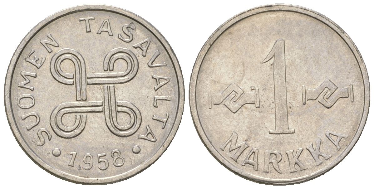 Финляндия 1 марка 1958 KM 36a сталь плакированная железом 4173-1251
