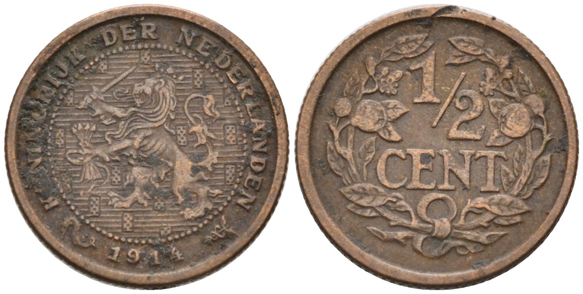 Нидерланды 1/2 цента 1914 Вильгельмина (1890-1948) KM 138 бронза 4576-351