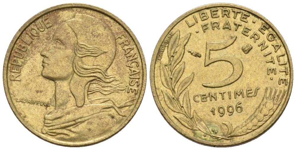 Франция 5 сантимов 1996 KM 933 медь алюминий никель 4576-869